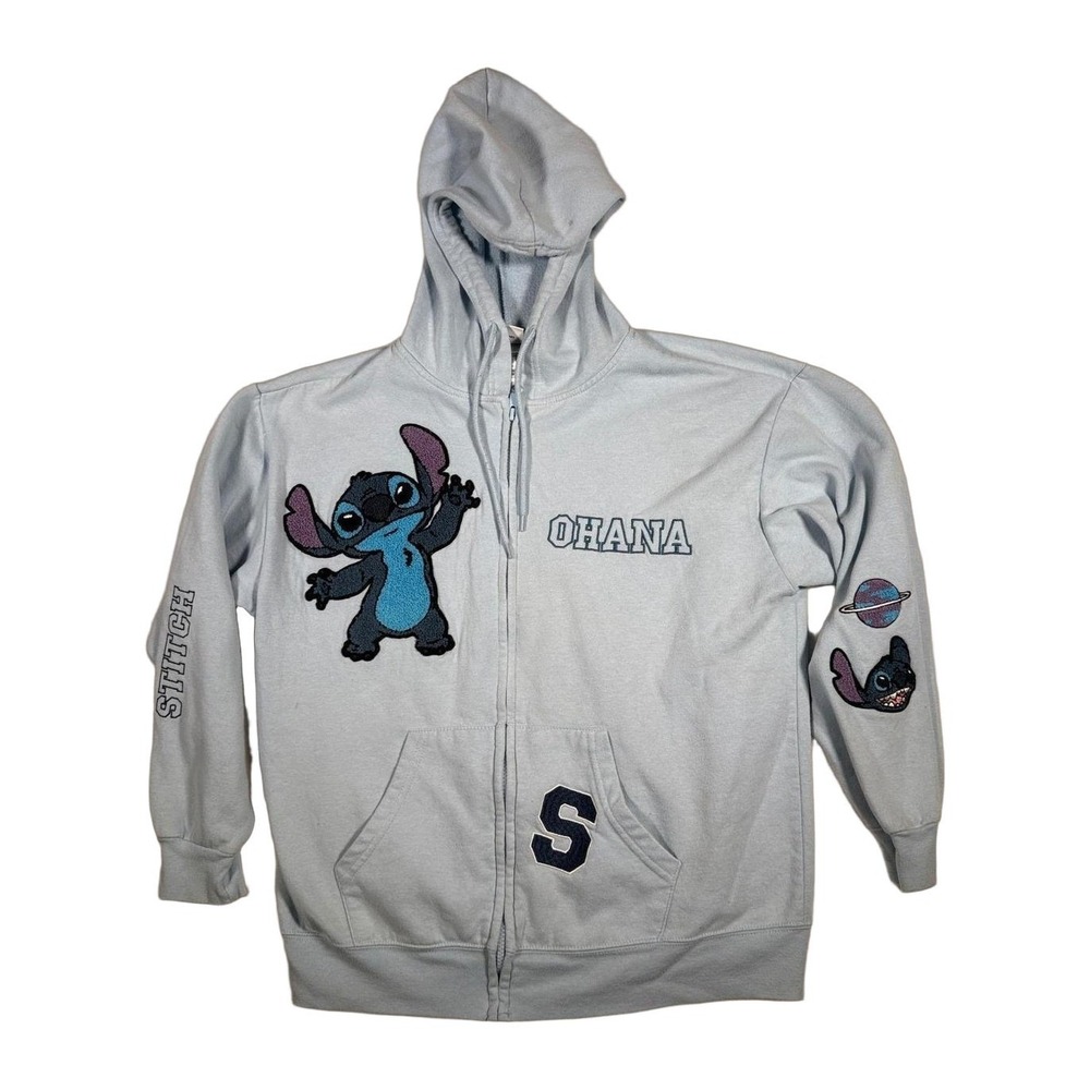 Disney Stitch Ohana Zip Up Hoodie Light Blue Size L Cotton Blend Graphic Mens